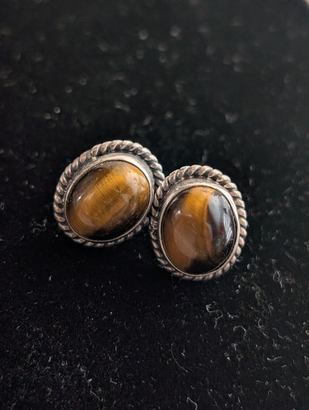 Vintage Tiger's Eye Silver-Tone Oval Stud Earrings